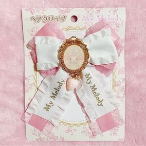 RARE Sanrio My Melody White Strawberry Tea Time Ribbon Bow Pink Hair Clip